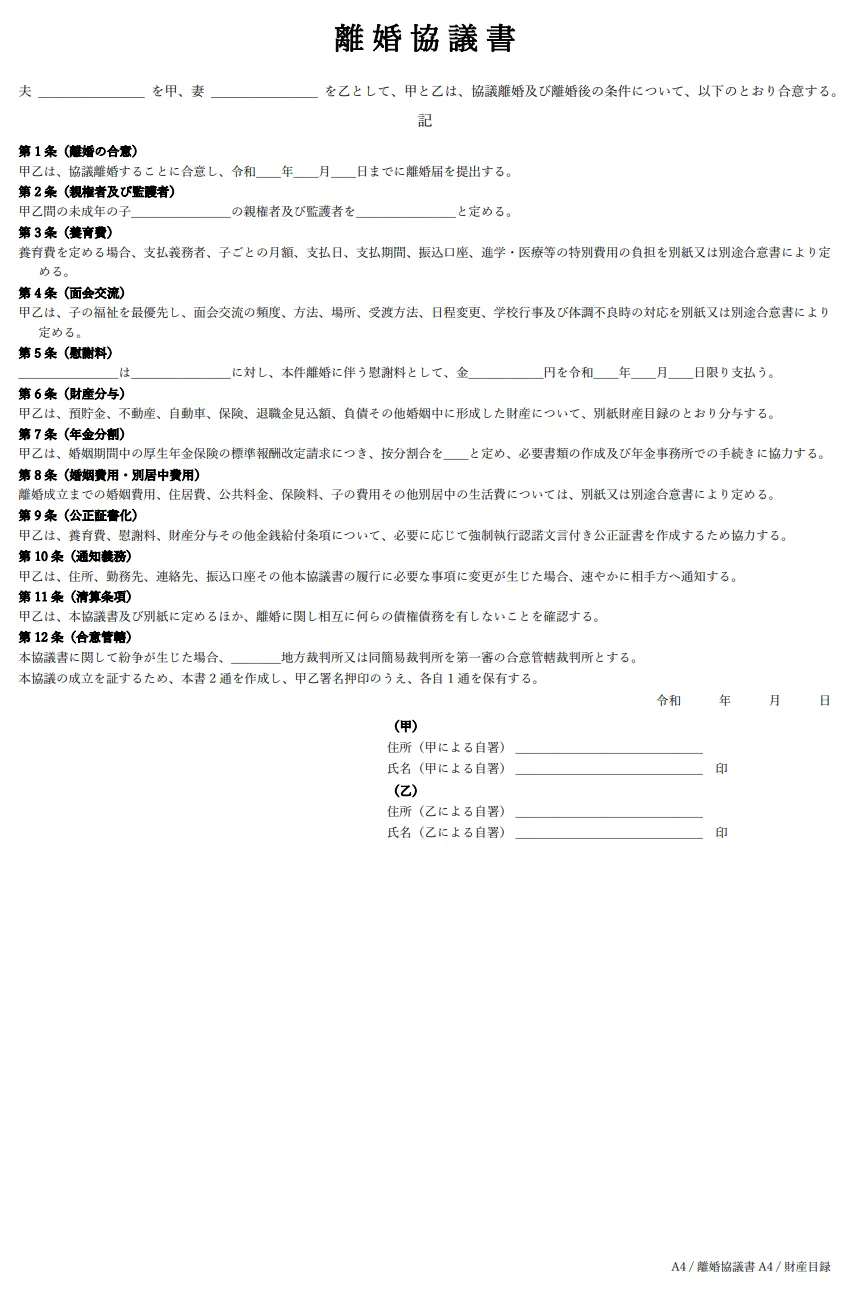 離婚協議書テンプレートのプレビュー